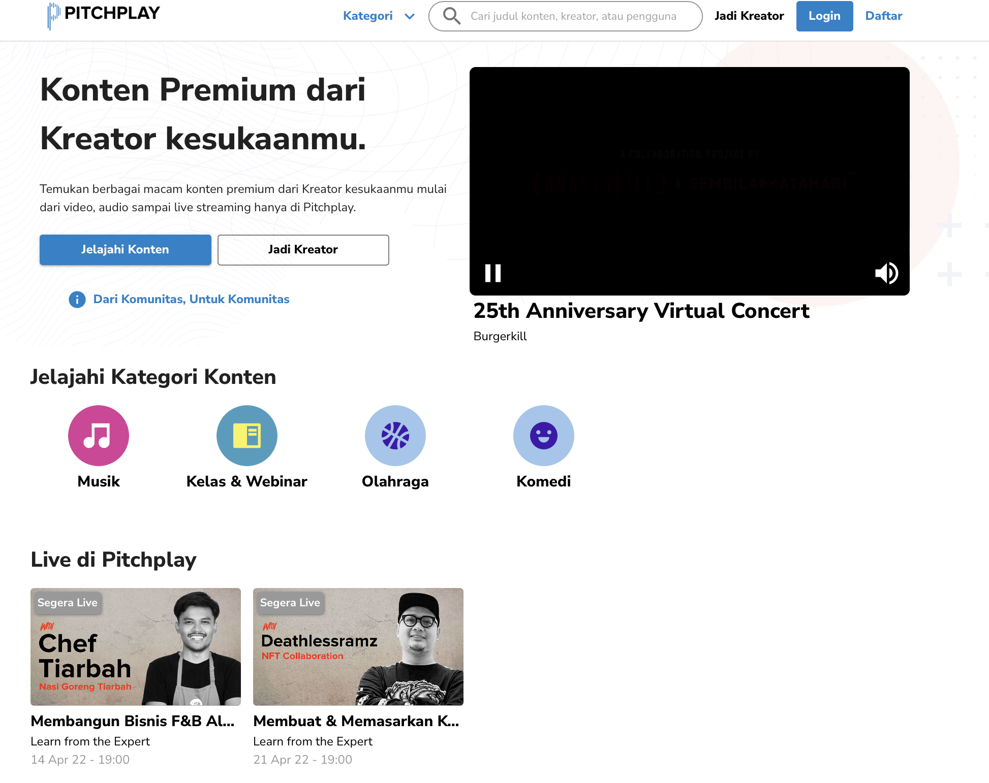 Tangkapan layar homepage situs pitchplay.co yang merupakan marketplace bagi para kreator konten dunia kreatif indonesia yang ingin berjualan konten mereka di dunia maya. 