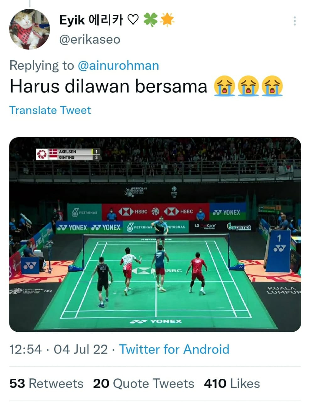 Tweet seorang netizen yang mengomentari tentang cara mengalahkan Viktor Axelsen (Sumber: Twitter)